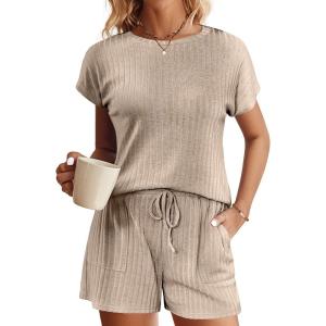 imageEkouaer Pajamas Set for Women 2 Piece Pjs Ribbed Knit Lounge Set Cap Sleeve Loungewear Sleepwear SXXLKhaki