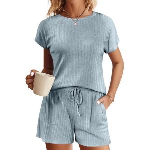 imageEkouaer Pajamas Set for Women 2 Piece Pjs Ribbed Knit Lounge Set Cap Sleeve Loungewear Sleepwear SXXLLight Blue