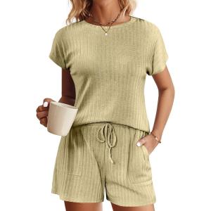 imageEkouaer Pajamas Set for Women 2 Piece Pjs Ribbed Knit Lounge Set Cap Sleeve Loungewear Sleepwear SXXLLight Green