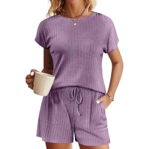 imageEkouaer Pajamas Set for Women 2 Piece Pjs Ribbed Knit Lounge Set Cap Sleeve Loungewear Sleepwear SXXLPurple