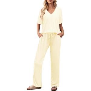 imageEkouaer Womens 2 Piece Lounge Set Casual Summer Outfits Ribbed Short Sleeve ampamp Wide Leg Pants Matching Set for Travel HomeBeige