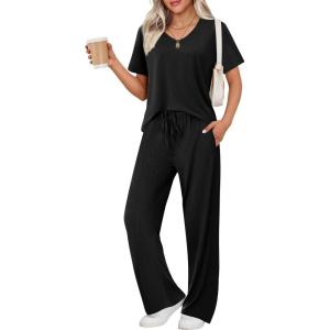 imageEkouaer Womens 2 Piece Lounge Set Casual Summer Outfits Ribbed Short Sleeve ampamp Wide Leg Pants Matching Set for Travel HomeBlack