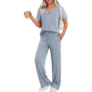 imageEkouaer Womens 2 Piece Lounge Set Casual Summer Outfits Ribbed Short Sleeve ampamp Wide Leg Pants Matching Set for Travel HomeBlue