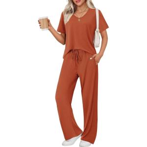 imageEkouaer Womens 2 Piece Lounge Set Casual Summer Outfits Ribbed Short Sleeve ampamp Wide Leg Pants Matching Set for Travel HomeBrick Red