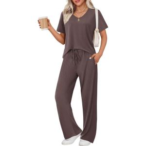 imageEkouaer Womens 2 Piece Lounge Set Casual Summer Outfits Ribbed Short Sleeve ampamp Wide Leg Pants Matching Set for Travel HomeBrown
