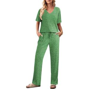 imageEkouaer Womens 2 Piece Lounge Set Casual Summer Outfits Ribbed Short Sleeve ampamp Wide Leg Pants Matching Set for Travel HomeGreen