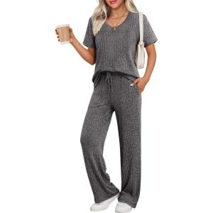 imageEkouaer Womens 2 Piece Lounge Set Casual Summer Outfits Ribbed Short Sleeve ampamp Wide Leg Pants Matching Set for Travel HomeGrey