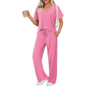imageEkouaer Womens 2 Piece Lounge Set Casual Summer Outfits Ribbed Short Sleeve ampamp Wide Leg Pants Matching Set for Travel HomeHot Pink