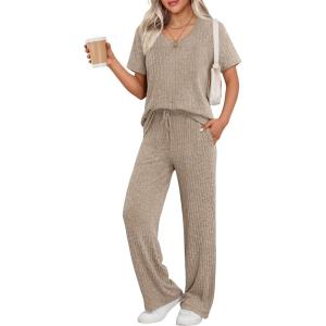 imageEkouaer Womens 2 Piece Lounge Set Casual Summer Outfits Ribbed Short Sleeve ampamp Wide Leg Pants Matching Set for Travel HomeKhaki