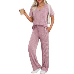 imageEkouaer Womens 2 Piece Lounge Set Casual Summer Outfits Ribbed Short Sleeve ampamp Wide Leg Pants Matching Set for Travel HomeLilac