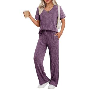 imageEkouaer Womens 2 Piece Lounge Set Casual Summer Outfits Ribbed Short Sleeve ampamp Wide Leg Pants Matching Set for Travel HomePurple