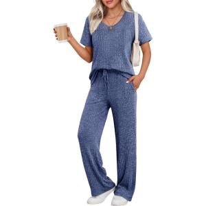 imageEkouaer Womens 2 Piece Lounge Set Casual Summer Outfits Ribbed Short Sleeve ampamp Wide Leg Pants Matching Set for Travel HomeRoyal Blue