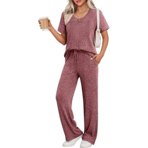imageEkouaer Womens 2 Piece Lounge Set Casual Summer Outfits Ribbed Short Sleeve ampamp Wide Leg Pants Matching Set for Travel HomeWine Red