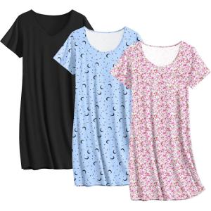imageEkouaer 3 Pack Nightgowns for Women Cotton Night Gown Short Sleeve Sleep Shirt T Shirt Sleepwear Print Sleep DressBlue MoonBlackPink Floral