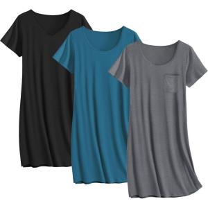 imageEkouaer 3 Pack Nightgowns for Women Cotton Night Gown Short Sleeve Sleep Shirt T Shirt Sleepwear Print Sleep DressDark BlueBlackDark Grey