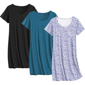 imageEkouaer 3 Pack Nightgowns for Women Cotton Night Gown Short Sleeve Sleep Shirt T Shirt Sleepwear Print Sleep DressDark BlueBlackPurple Floral