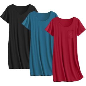 imageEkouaer 3 Pack Nightgowns for Women Cotton Night Gown Short Sleeve Sleep Shirt T Shirt Sleepwear Print Sleep DressDark BlueBlackWine Red