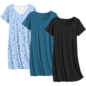 imageEkouaer 3 Pack Nightgowns for Women Cotton Night Gown Short Sleeve Sleep Shirt T Shirt Sleepwear Print Sleep DressDark BlueBlue MoonBlack