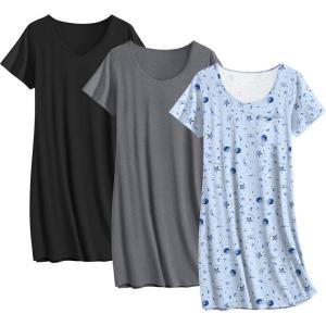 imageEkouaer 3 Pack Nightgowns for Women Cotton Night Gown Short Sleeve Sleep Shirt T Shirt Sleepwear Print Sleep DressDark GreyBlackMoon Star