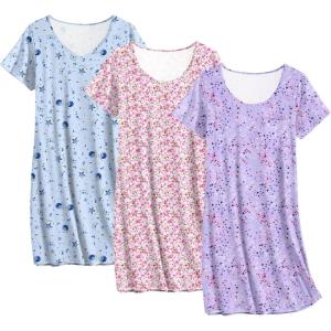imageEkouaer 3 Pack Nightgowns for Women Cotton Night Gown Short Sleeve Sleep Shirt T Shirt Sleepwear Print Sleep DressPink FloralMoon StarPurple Star