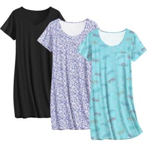 imageEkouaer 3 Pack Nightgowns for Women Cotton Night Gown Short Sleeve Sleep Shirt T Shirt Sleepwear Print Sleep DressPurple FloralBlackBlue Butterfly