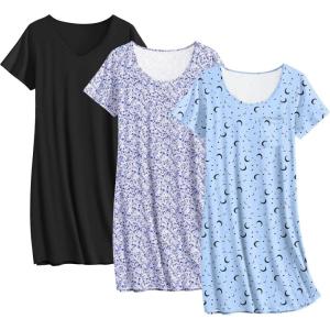 imageEkouaer 3 Pack Nightgowns for Women Cotton Night Gown Short Sleeve Sleep Shirt T Shirt Sleepwear Print Sleep DressPurple FloralBlackBlue Moon