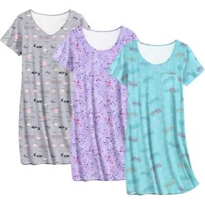 imageEkouaer 3 Pack Nightgowns for Women Cotton Night Gown Short Sleeve Sleep Shirt T Shirt Sleepwear Print Sleep DressPurple StarGrey CoffeBlue Butterfly