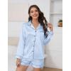 imageEkouaer Satin Pajama Set for Women Button Down Pj Set Long Sleeve Top and Shorts 2 Piece Loungewear Summer Soft SleepwearBlue Stripe