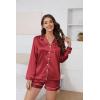 imageEkouaer Satin Pajama Set for Women Button Down Pj Set Long Sleeve Top and Shorts 2 Piece Loungewear Summer Soft SleepwearWine Red
