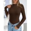 imageEkouaer Turtleneck Shirt Women Ruffle Ribbed Long Sleeve Mock Neck Tops Slim Fit Lettuce Trim Base LayerBrown
