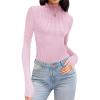 imageEkouaer Turtleneck Shirt Women Ruffle Ribbed Long Sleeve Mock Neck Tops Slim Fit Lettuce Trim Base LayerPink