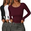 imageEkouaer Womens Long Sleeve Shirts 3 Packs Scoop Neck Ribbed Tops Fitted Thermal Undershirt Soft Layering Tees XSXXLBlackWhiteDark Red