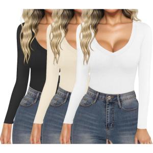 imageEkouaer 3 Pack Long Sleeve Shirts for Women Deep V Neck Basic Thermal Tops Base Layer Undershirts XSXXLBlackBeigeWhite