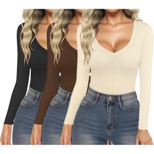 imageEkouaer 3 Pack Long Sleeve Shirts for Women Deep V Neck Basic Thermal Tops Base Layer Undershirts XSXXLBlackCoffeeBeige