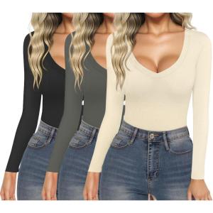 imageEkouaer 3 Pack Long Sleeve Shirts for Women Deep V Neck Basic Thermal Tops Base Layer Undershirts XSXXLBlackDarkgreyBeige