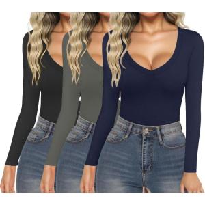 imageEkouaer 3 Pack Long Sleeve Shirts for Women Deep V Neck Basic Thermal Tops Base Layer Undershirts XSXXLBlackDarkgreyNavy Blue
