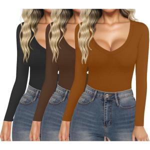 imageEkouaer 3 Pack Long Sleeve Shirts for Women Deep V Neck Basic Thermal Tops Base Layer Undershirts XSXXLBlackLight BrownCoffee