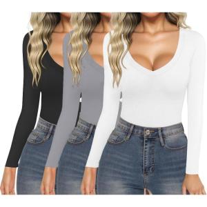 imageEkouaer 3 Pack Long Sleeve Shirts for Women Deep V Neck Basic Thermal Tops Base Layer Undershirts XSXXLBlackLightgreyWhite
