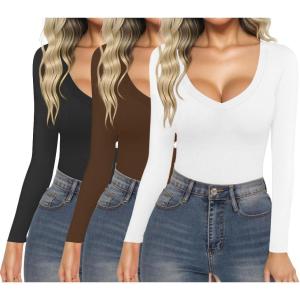 imageEkouaer 3 Pack Long Sleeve Shirts for Women Deep V Neck Basic Thermal Tops Base Layer Undershirts XSXXLBlackWhiteCoffee