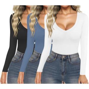 imageEkouaer 3 Pack Long Sleeve Shirts for Women Deep V Neck Basic Thermal Tops Base Layer Undershirts XSXXLBlackWhiteDusty Blue