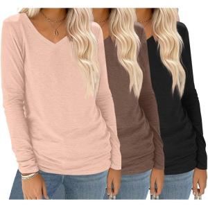 imageEkouaer 3 Pack Long Sleeve Shirts for Women V Neck T Shirt Fall Casual Tops Basic Base Layer Undershirts Tees 2025 SXXLBeigeBlackBrown