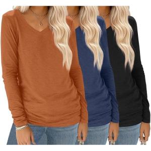 imageEkouaer 3 Pack Long Sleeve Shirts for Women V Neck T Shirt Fall Casual Tops Basic Base Layer Undershirts Tees 2025 SXXLBlackBlueCaramel