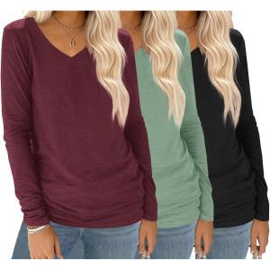 imageEkouaer 3 Pack Long Sleeve Shirts for Women V Neck T Shirt Fall Casual Tops Basic Base Layer Undershirts Tees 2025 SXXLBlackGreenWine Red