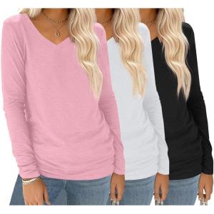 imageEkouaer 3 Pack Long Sleeve Shirts for Women V Neck T Shirt Fall Casual Tops Basic Base Layer Undershirts Tees 2025 SXXLBlackWhitePink