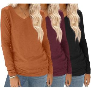 imageEkouaer 3 Pack Long Sleeve Shirts for Women V Neck T Shirt Fall Casual Tops Basic Base Layer Undershirts Tees 2025 SXXLBlackWine RedCaramel