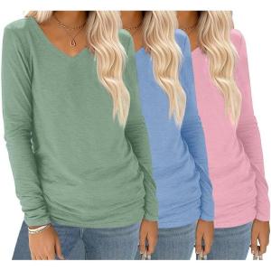 imageEkouaer 3 Pack Long Sleeve Shirts for Women V Neck T Shirt Fall Casual Tops Basic Base Layer Undershirts Tees 2025 SXXLLight BlueGreenPink