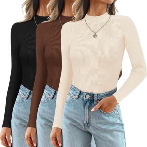 imageEkouaer 3 Pack Mock Turtlenecks Tops for Women Long Sleeve Ribbed Shirts Thermal Slim Fit Undershirts Soft Sweater SXXLBlackBeigeBrown