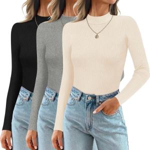 imageEkouaer 3 Pack Mock Turtlenecks Tops for Women Long Sleeve Ribbed Shirts Thermal Slim Fit Undershirts Soft Sweater SXXLBlackBeigeGray