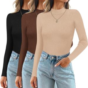imageEkouaer 3 Pack Mock Turtlenecks Tops for Women Long Sleeve Ribbed Shirts Thermal Slim Fit Undershirts Soft Sweater SXXLBlackBrownDark Beige