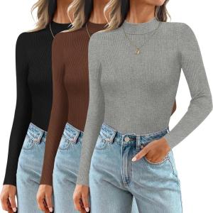 imageEkouaer 3 Pack Mock Turtlenecks Tops for Women Long Sleeve Ribbed Shirts Thermal Slim Fit Undershirts Soft Sweater SXXLBlackBrownGray
